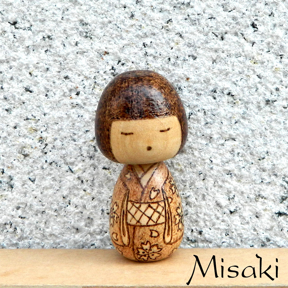 Wood burned kokeshi doll Misaki