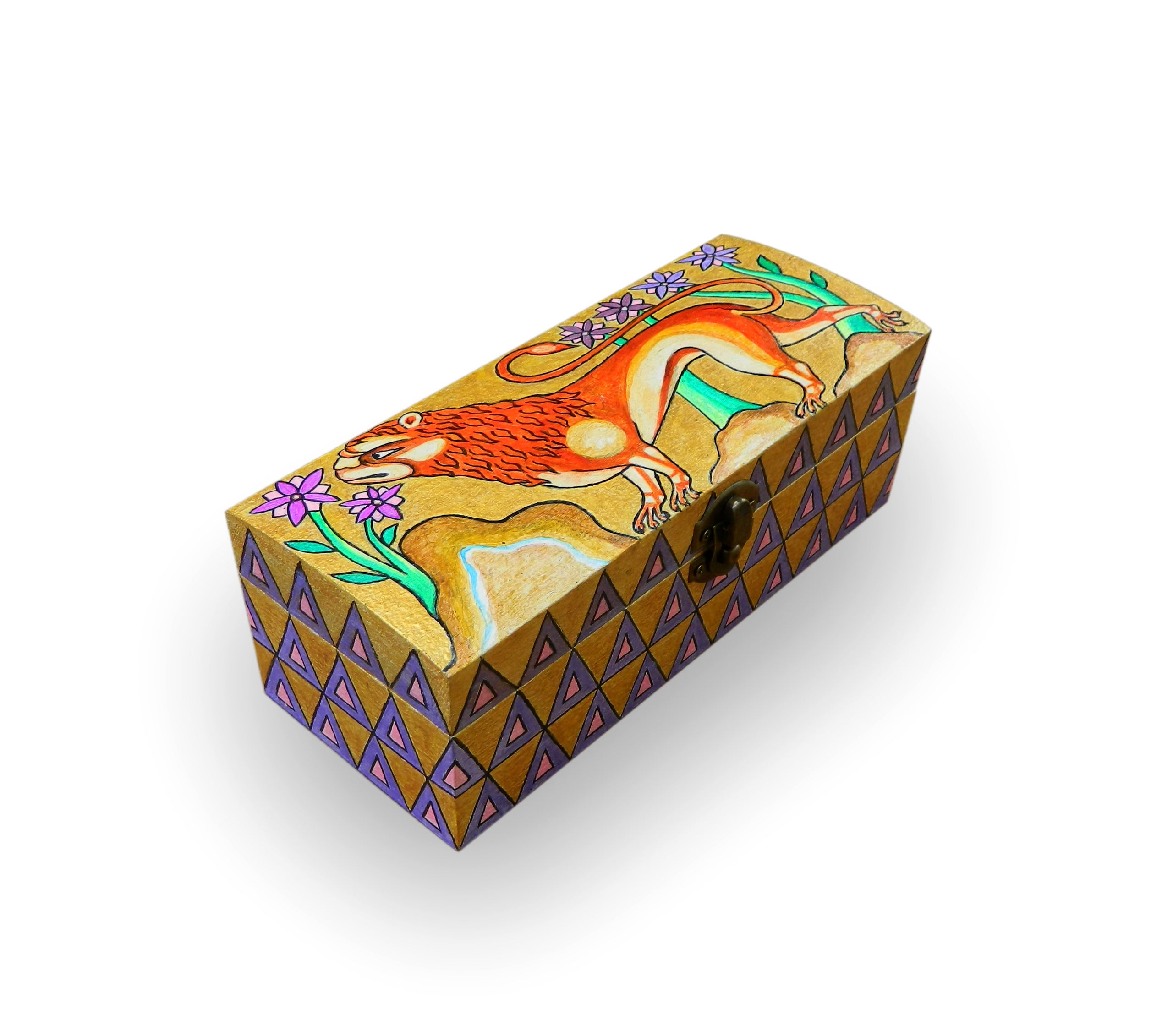 Glistering gold tone keepsake box with hand painted Medieval Lion on ...